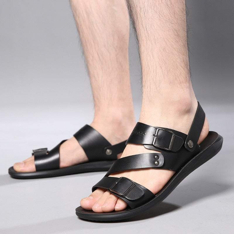Concise Men's Sandals Solid Color PU Leather Men Summer Shoes Casual Comfortable Open Toe Sandals Soft Beach Footwear Male Shoes