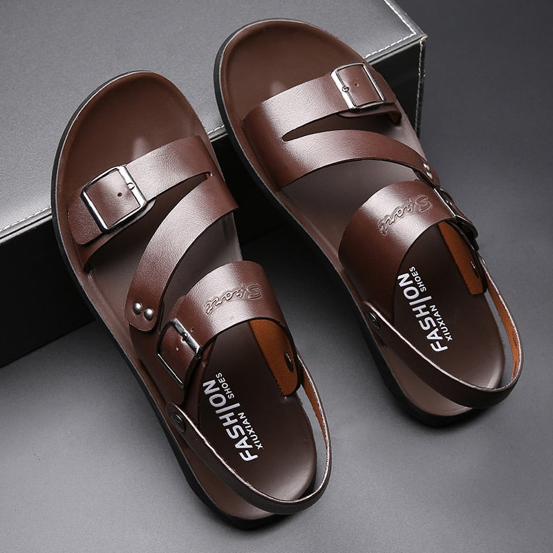 Concise Men's Sandals Solid Color PU Leather Men Summer Shoes Casual Comfortable Open Toe Sandals Soft Beach Footwear Male Shoes