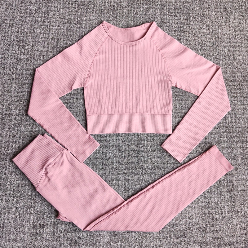 Women's Sportswear Yoga Set Workout Clothes Athletic Wear Sports Gym Legging Seamless Fitness Bra Crop Top Long Sleeve Yoga Suit