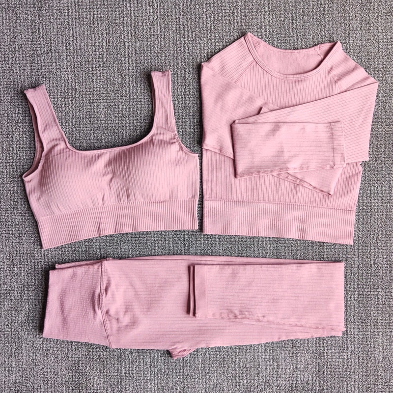Women's Sportswear Yoga Set Workout Clothes Athletic Wear Sports Gym Legging Seamless Fitness Bra Crop Top Long Sleeve Yoga Suit