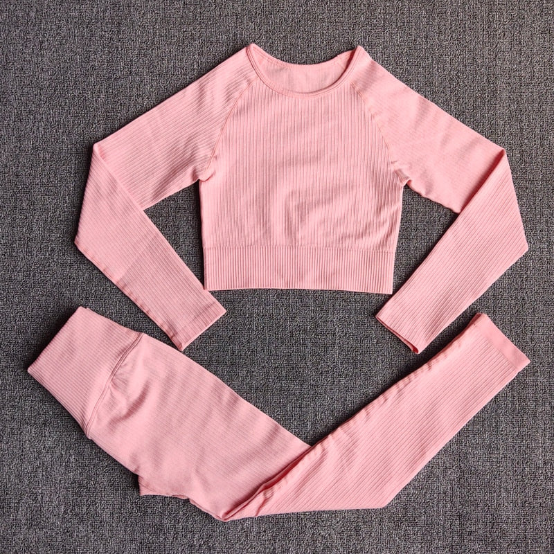 Women's Sportswear Yoga Set Workout Clothes Athletic Wear Sports Gym Legging Seamless Fitness Bra Crop Top Long Sleeve Yoga Suit