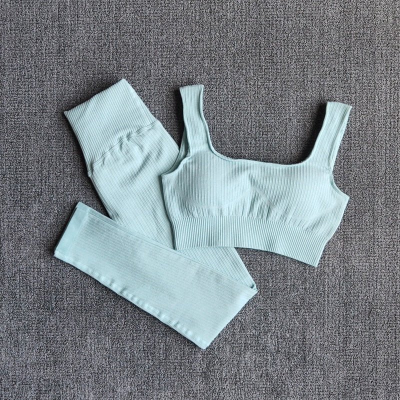 Women's Sportswear Yoga Set Workout Clothes Athletic Wear Sports Gym Legging Seamless Fitness Bra Crop Top Long Sleeve Yoga Suit