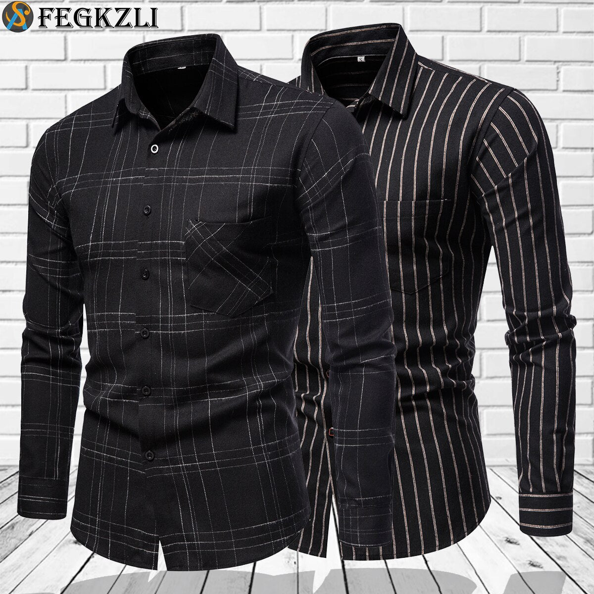 FEGKZLI Men's Casual Plaid Cotton Shirts Long Sleeve Spring Summer Fashion Buttons-up Tops Shirts Homme Mens Dress Shirts