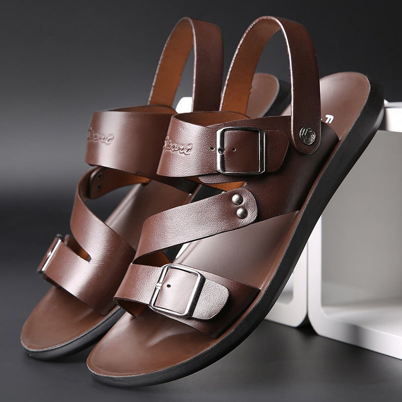 Concise Men's Sandals Solid Color PU Leather Men Summer Shoes Casual Comfortable Open Toe Sandals Soft Beach Footwear Male Shoes