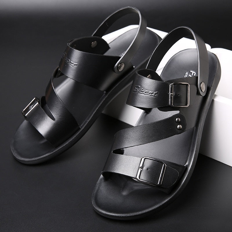 Concise Men's Sandals Solid Color PU Leather Men Summer Shoes Casual Comfortable Open Toe Sandals Soft Beach Footwear Male Shoes