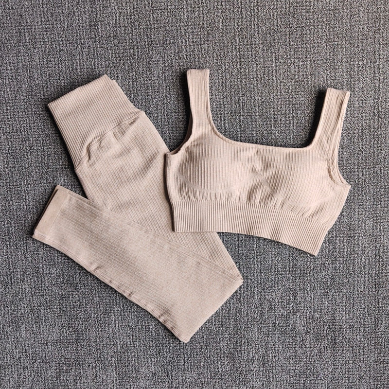 Women's Sportswear Yoga Set Workout Clothes Athletic Wear Sports Gym Legging Seamless Fitness Bra Crop Top Long Sleeve Yoga Suit