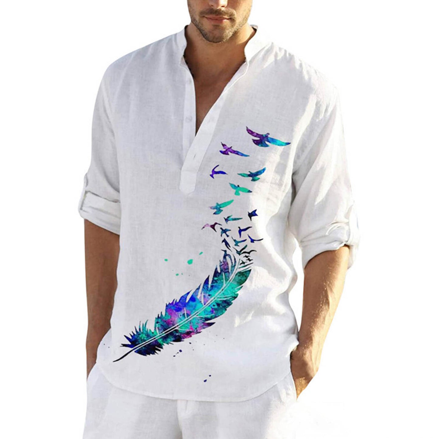 Plus Size Mens Long Sleeve Casual Shirts Male Fashion Top Pullovers Sexy Men clothing 2022 Summer New Feather Birds Print Blouse