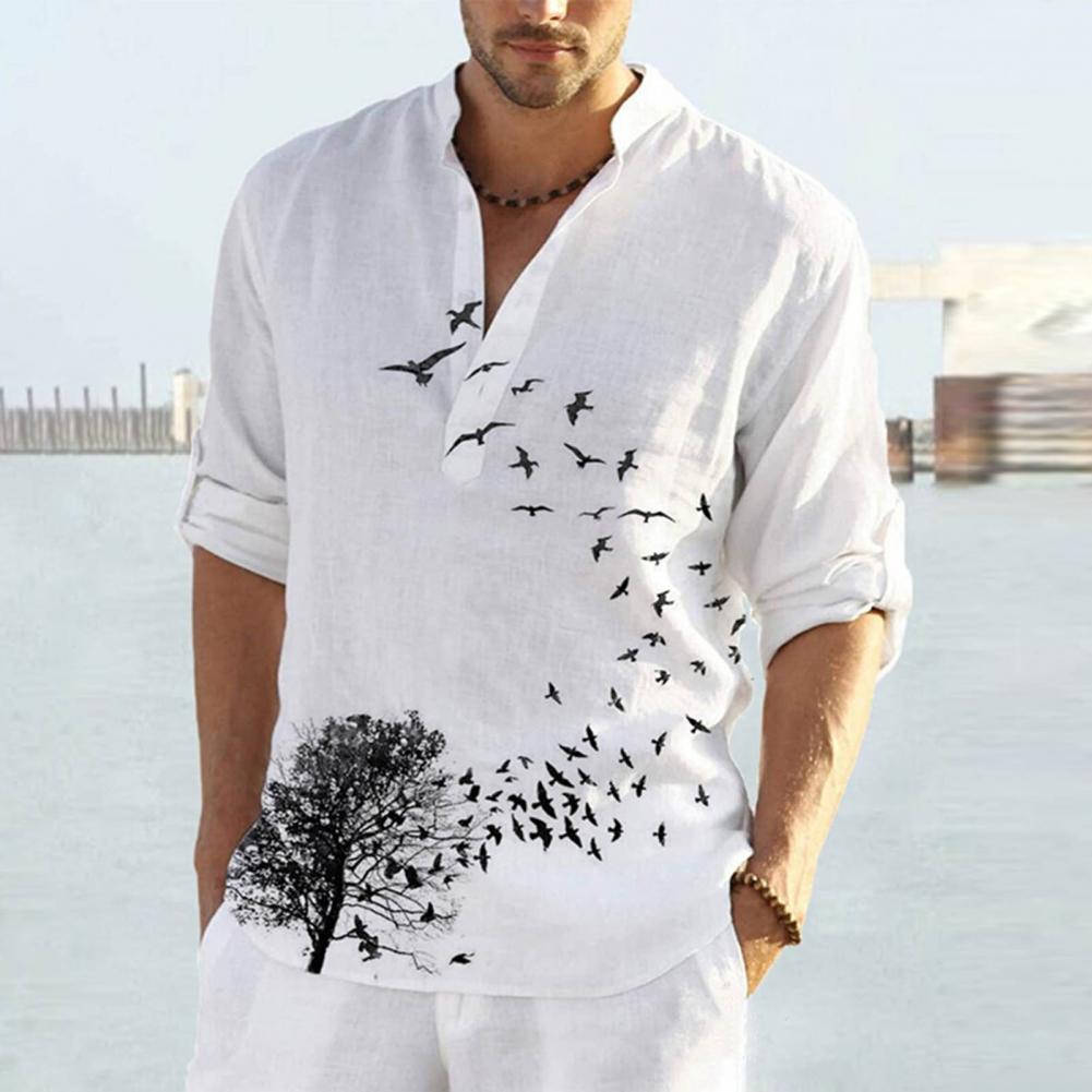 Plus Size Mens Long Sleeve Casual Shirts Male Fashion Top Pullovers Sexy Men clothing 2022 Summer New Feather Birds Print Blouse