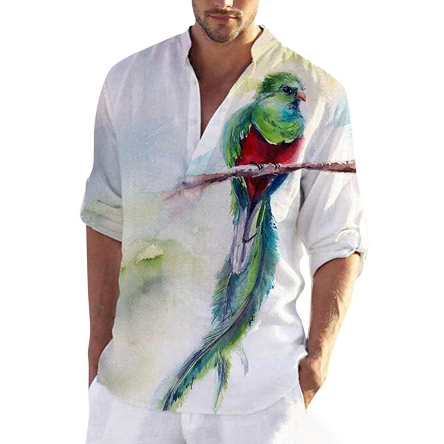 Plus Size Mens Long Sleeve Casual Shirts Male Fashion Top Pullovers Sexy Men clothing 2022 Summer New Feather Birds Print Blouse