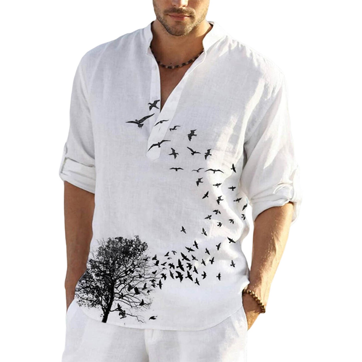 Plus Size Mens Long Sleeve Casual Shirts Male Fashion Top Pullovers Sexy Men clothing 2022 Summer New Feather Birds Print Blouse