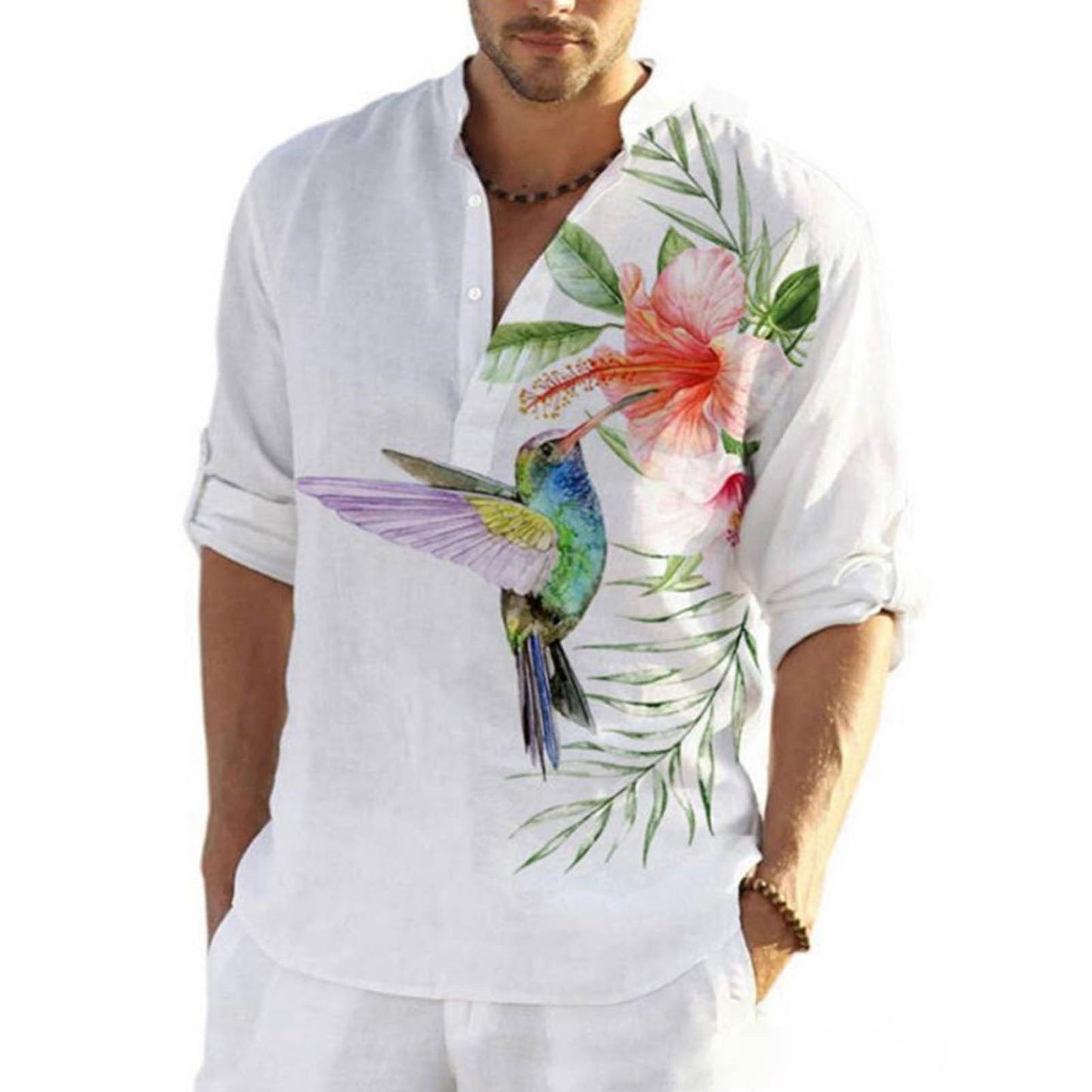 Plus Size Mens Long Sleeve Casual Shirts Male Fashion Top Pullovers Sexy Men clothing 2022 Summer New Feather Birds Print Blouse