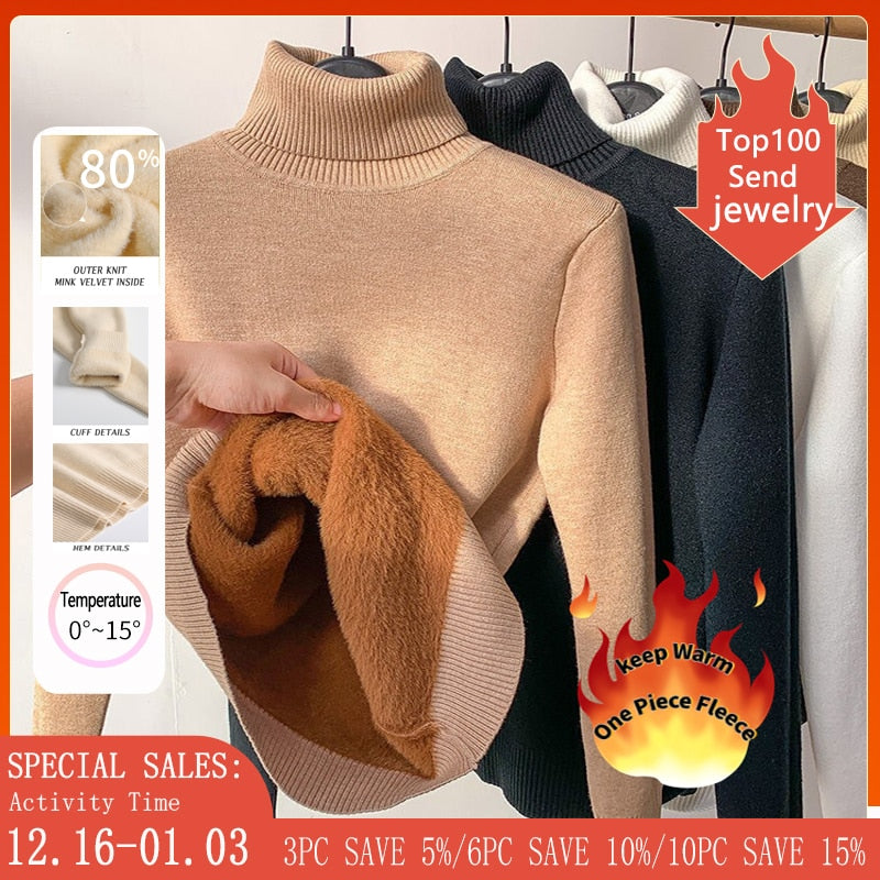 Turtle Neck Fleece Sweater Women Winter Warm Elegant Thick Warm Female Knitted Pullover Loose Basic Knitwear Jumper Dropshipping