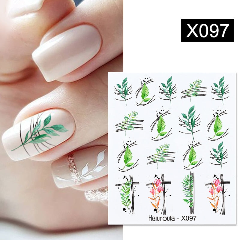 Harunouta Black Lines Flower Leaves Water Decals Stickers Floral Face Marble Pattern Slider For Nails Summer Nail Art Decoration