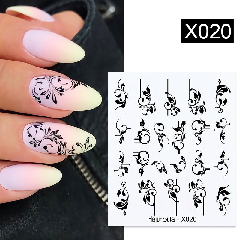 Harunouta Black Lines Flower Leaves Water Decals Stickers Floral Face Marble Pattern Slider For Nails Summer Nail Art Decoration