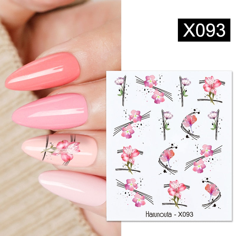 Harunouta Black Lines Flower Leaves Water Decals Stickers Floral Face Marble Pattern Slider For Nails Summer Nail Art Decoration