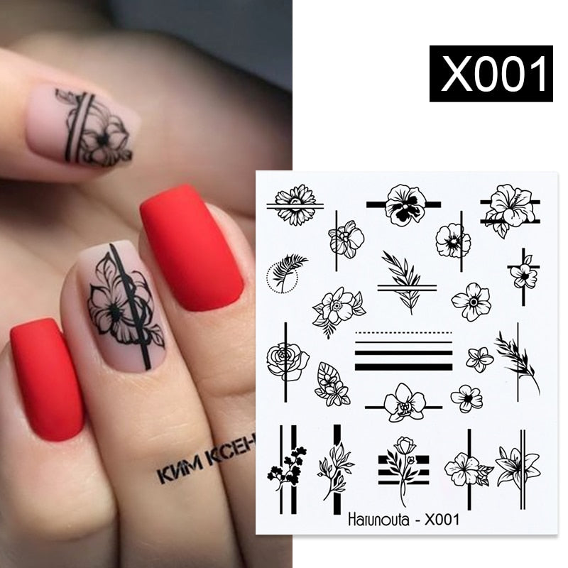 Harunouta Black Lines Flower Leaves Water Decals Stickers Floral Face Marble Pattern Slider For Nails Summer Nail Art Decoration