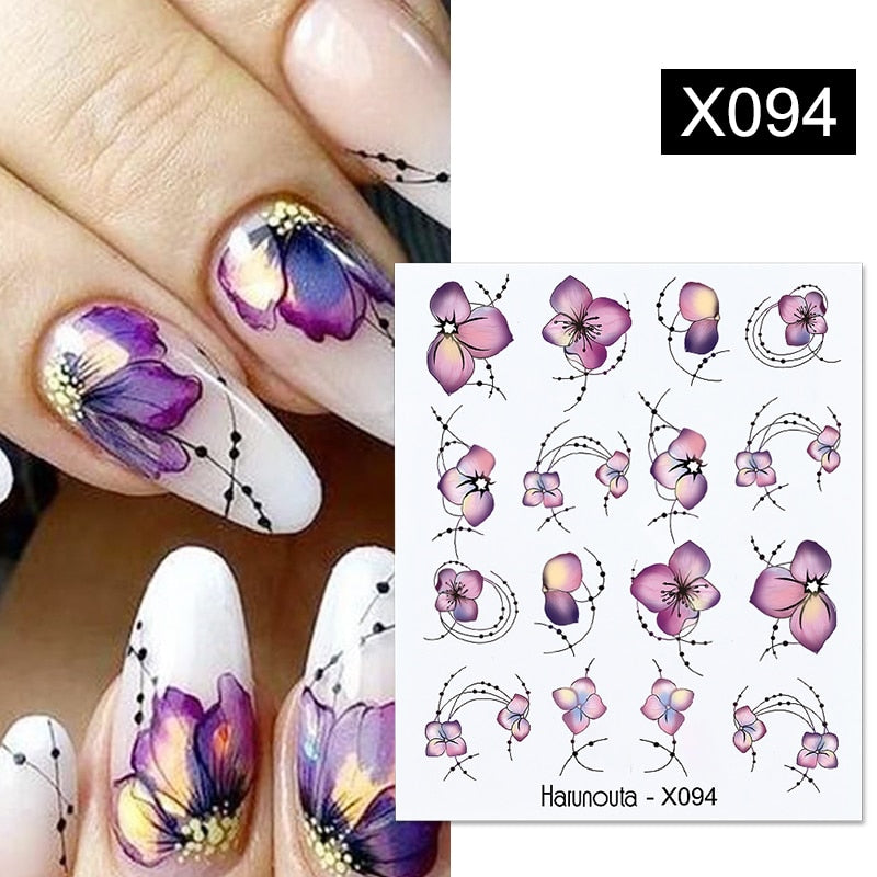 Harunouta Black Lines Flower Leaves Water Decals Stickers Floral Face Marble Pattern Slider For Nails Summer Nail Art Decoration