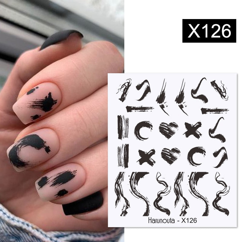 Harunouta Black Lines Flower Leaves Water Decals Stickers Floral Face Marble Pattern Slider For Nails Summer Nail Art Decoration