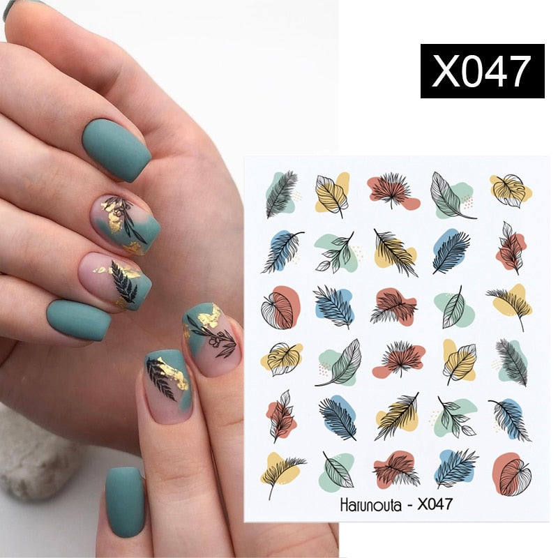 Harunouta Black Lines Flower Leaves Water Decals Stickers Floral Face Marble Pattern Slider For Nails Summer Nail Art Decoration