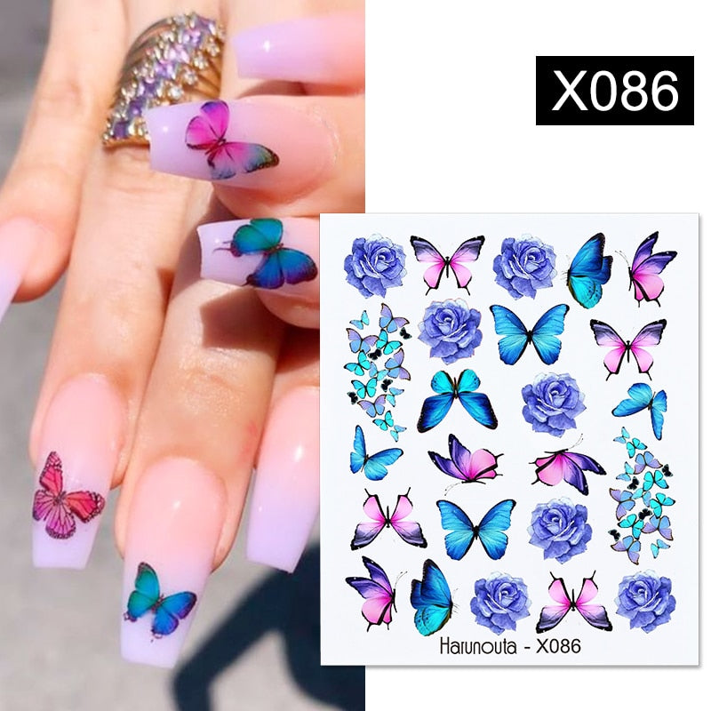 Harunouta Black Lines Flower Leaves Water Decals Stickers Floral Face Marble Pattern Slider For Nails Summer Nail Art Decoration