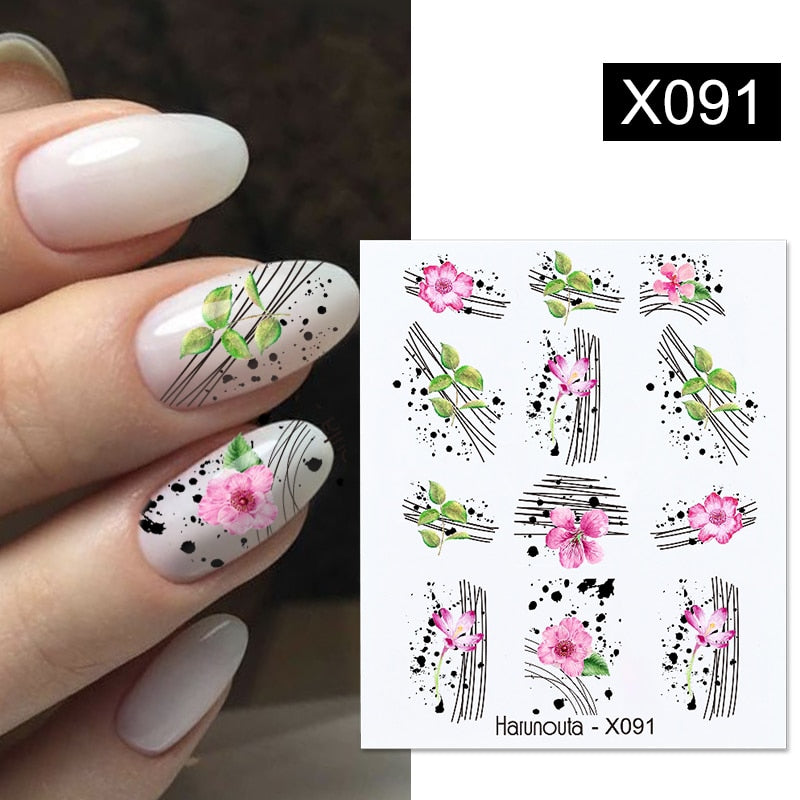 Harunouta Black Lines Flower Leaves Water Decals Stickers Floral Face Marble Pattern Slider For Nails Summer Nail Art Decoration