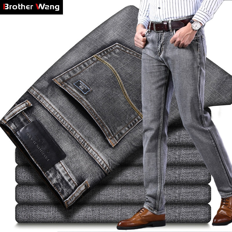 2022 New Men's Stretch Regular Fit Jeans Business Casual Classic Style Fashion Denim Trousers Male Black Blue Gray Pants