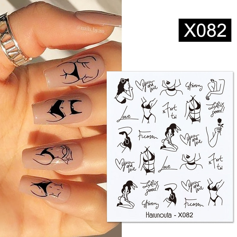 Harunouta Black Lines Flower Leaves Water Decals Stickers Floral Face Marble Pattern Slider For Nails Summer Nail Art Decoration