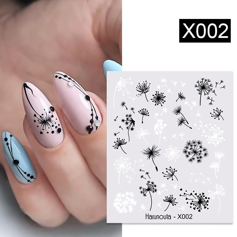 Harunouta Black Lines Flower Leaves Water Decals Stickers Floral Face Marble Pattern Slider For Nails Summer Nail Art Decoration