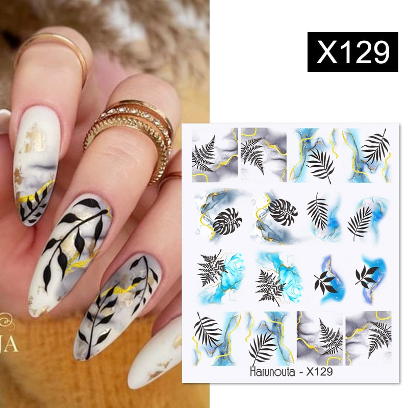 Harunouta Black Lines Flower Leaves Water Decals Stickers Floral Face Marble Pattern Slider For Nails Summer Nail Art Decoration