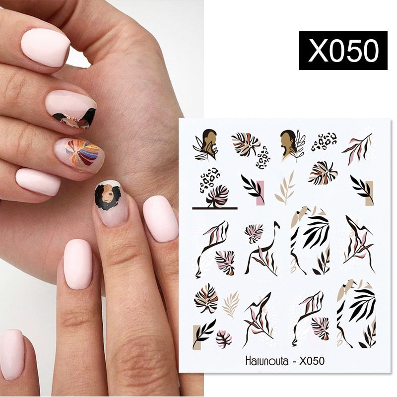 Harunouta Black Lines Flower Leaves Water Decals Stickers Floral Face Marble Pattern Slider For Nails Summer Nail Art Decoration