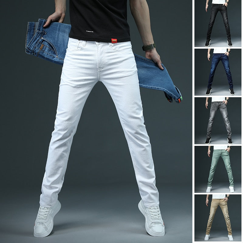 2022 New Men's Skinny White Jeans Fashion Casual Elastic Cotton Slim Denim Pants Male Brand Clothing Black Gray Khaki