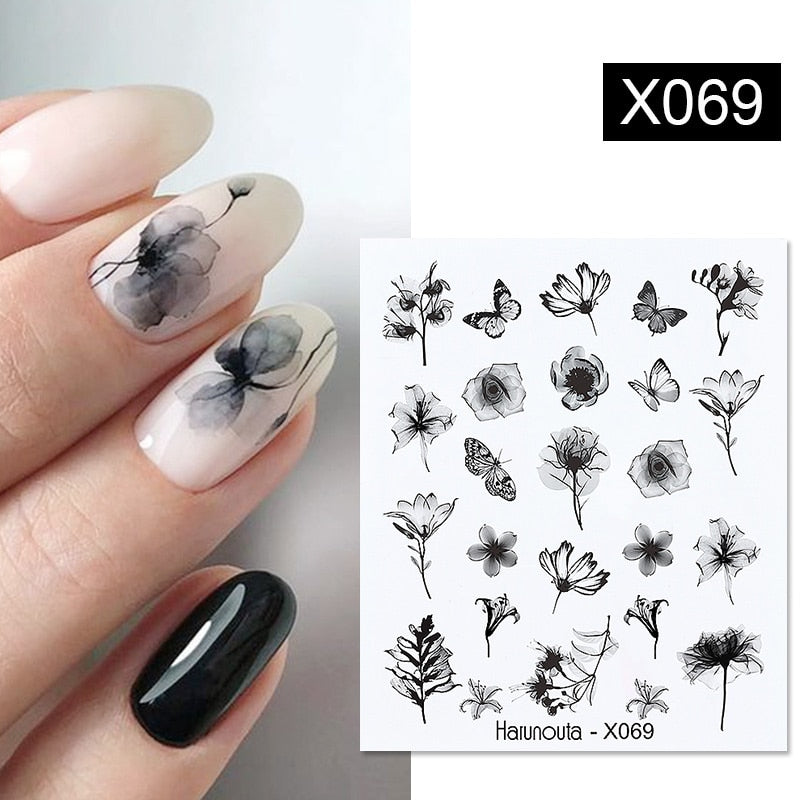 Harunouta Black Lines Flower Leaves Water Decals Stickers Floral Face Marble Pattern Slider For Nails Summer Nail Art Decoration