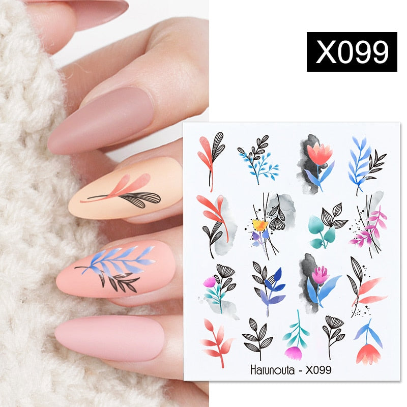 Harunouta Black Lines Flower Leaves Water Decals Stickers Floral Face Marble Pattern Slider For Nails Summer Nail Art Decoration