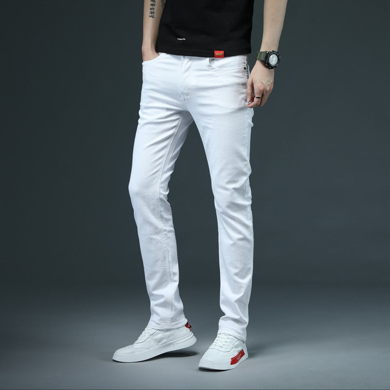 2022 New Men's Skinny White Jeans Fashion Casual Elastic Cotton Slim Denim Pants Male Brand Clothing Black Gray Khaki