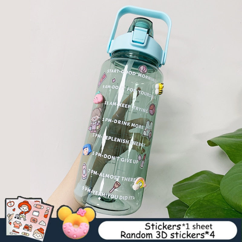 2L Large Capacity Water Bottle With Bounce Cover Time Scale Reminder Frosted Cup With Cute Stickers For Outdoor Sports Fitness