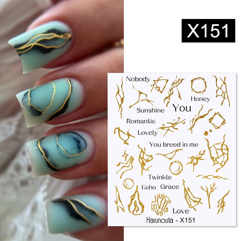 Harunouta Black Lines Flower Leaves Water Decals Stickers Floral Face Marble Pattern Slider For Nails Summer Nail Art Decoration