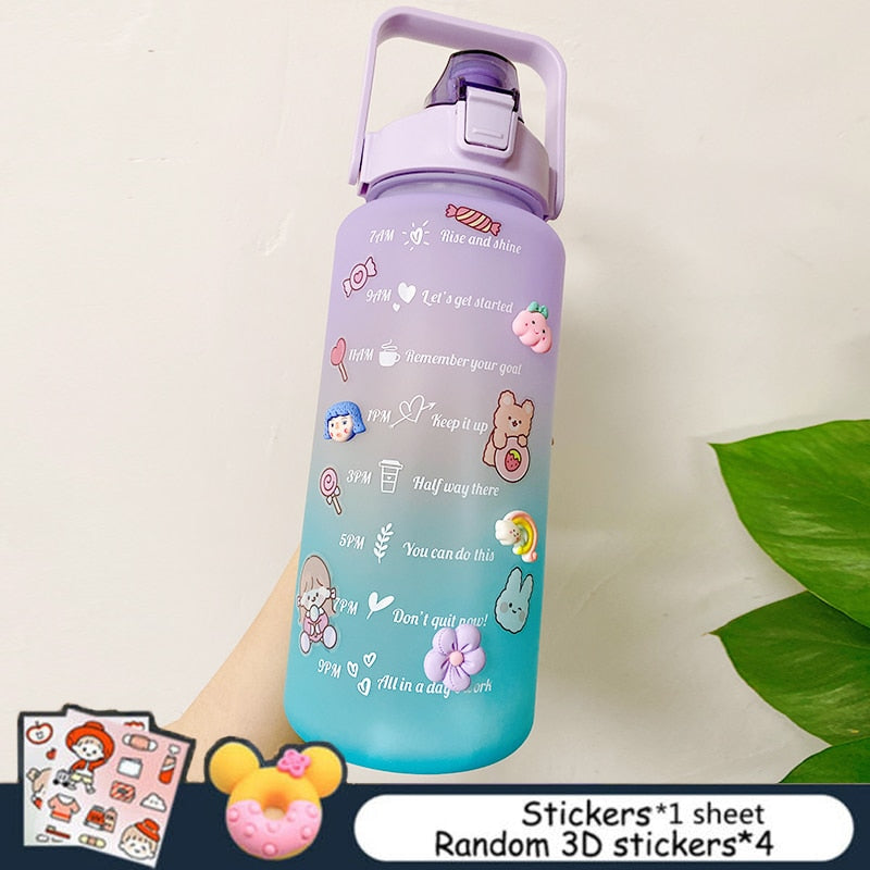 2L Large Capacity Water Bottle With Bounce Cover Time Scale Reminder Frosted Cup With Cute Stickers For Outdoor Sports Fitness