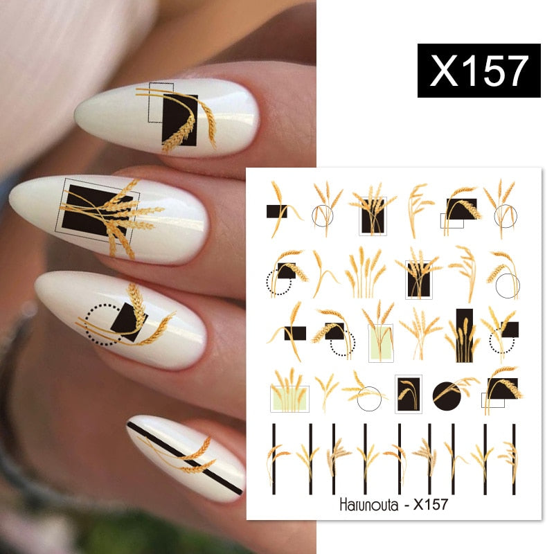 Harunouta Black Lines Flower Leaves Water Decals Stickers Floral Face Marble Pattern Slider For Nails Summer Nail Art Decoration