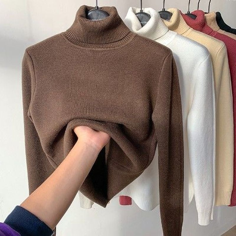 Turtle Neck Fleece Sweater Women Winter Warm Elegant Thick Warm Female Knitted Pullover Loose Basic Knitwear Jumper Dropshipping