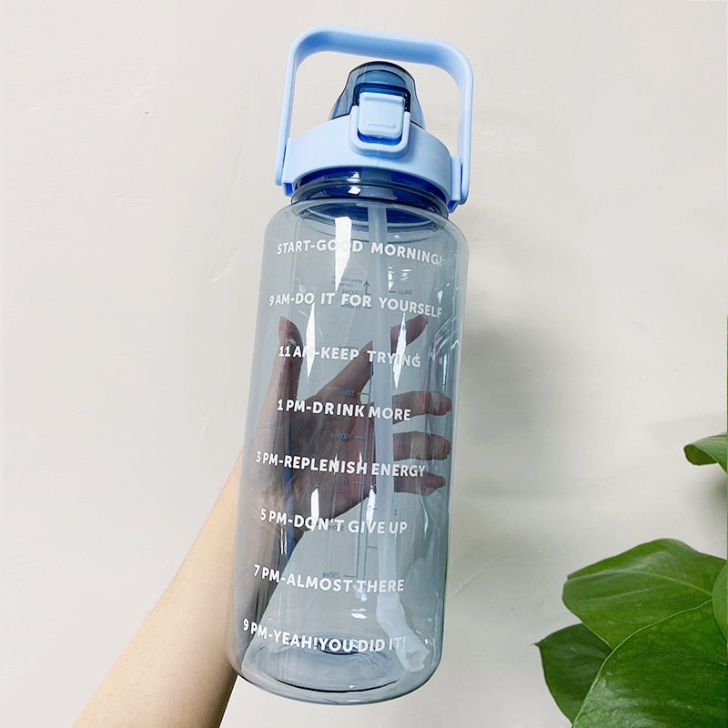 2L Large Capacity Water Bottle With Bounce Cover Time Scale Reminder Frosted Cup With Cute Stickers For Outdoor Sports Fitness