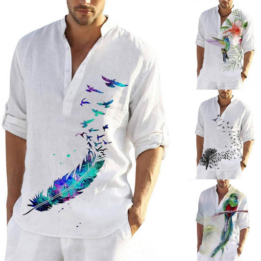 Plus Size Mens Long Sleeve Casual Shirts Male Fashion Top Pullovers Sexy Men clothing 2022 Summer New Feather Birds Print Blouse