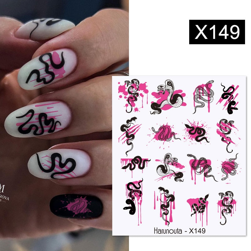 Harunouta Black Lines Flower Leaves Water Decals Stickers Floral Face Marble Pattern Slider For Nails Summer Nail Art Decoration