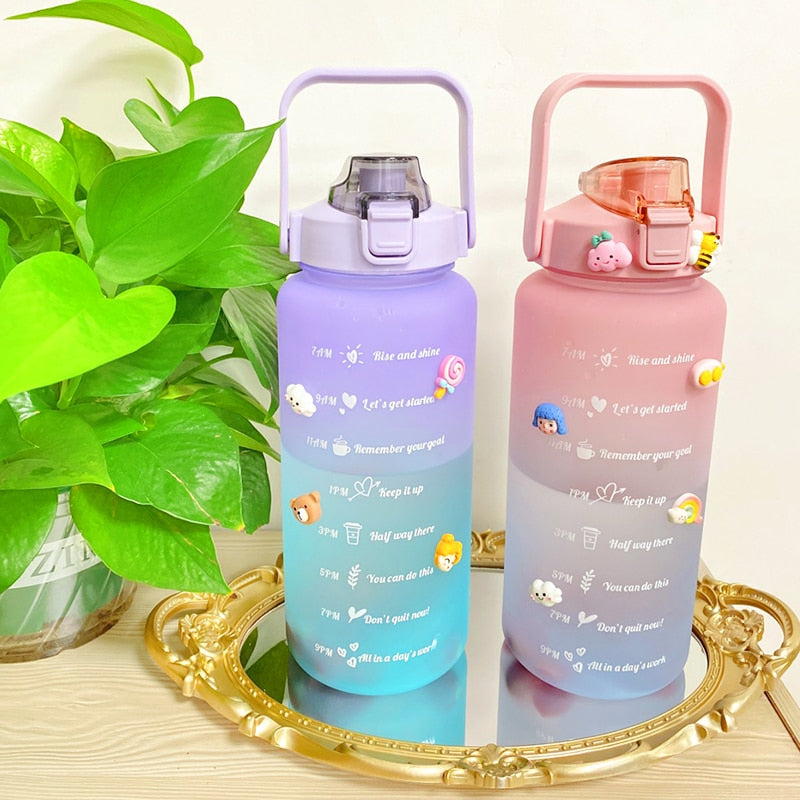 2L Large Capacity Water Bottle With Bounce Cover Time Scale Reminder Frosted Cup With Cute Stickers For Outdoor Sports Fitness