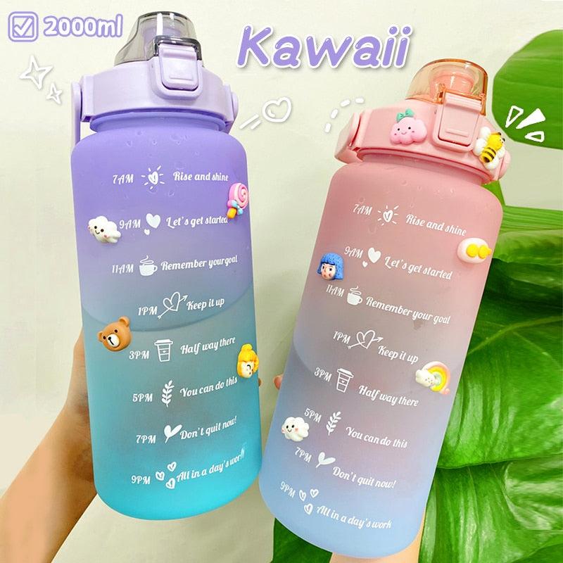 2L Large Capacity Water Bottle With Bounce Cover Time Scale Reminder Frosted Cup With Cute Stickers For Outdoor Sports Fitness