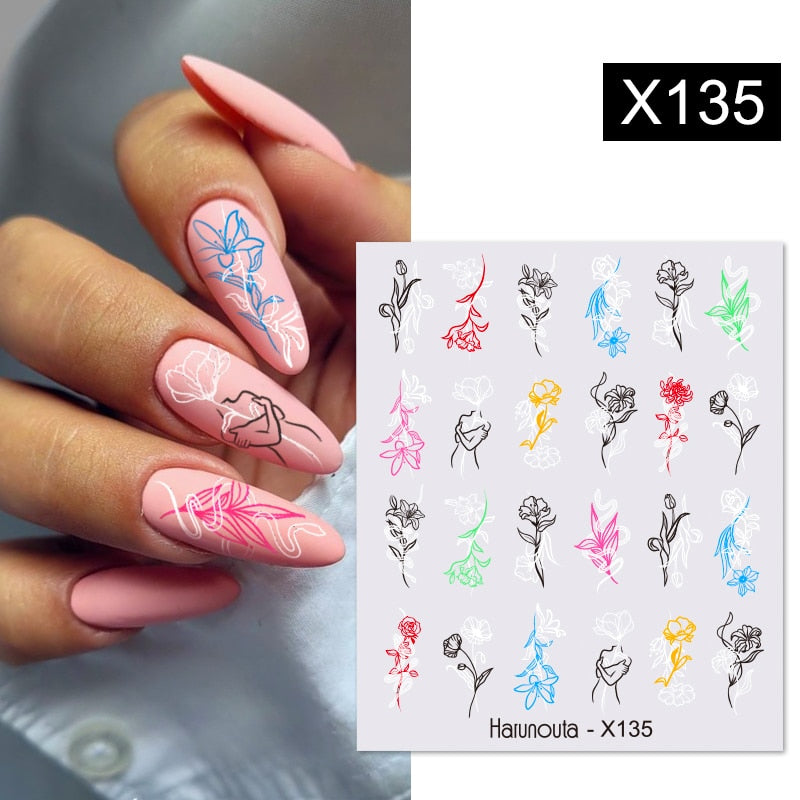 Harunouta Black Lines Flower Leaves Water Decals Stickers Floral Face Marble Pattern Slider For Nails Summer Nail Art Decoration