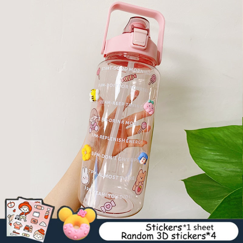 2L Large Capacity Water Bottle With Bounce Cover Time Scale Reminder Frosted Cup With Cute Stickers For Outdoor Sports Fitness