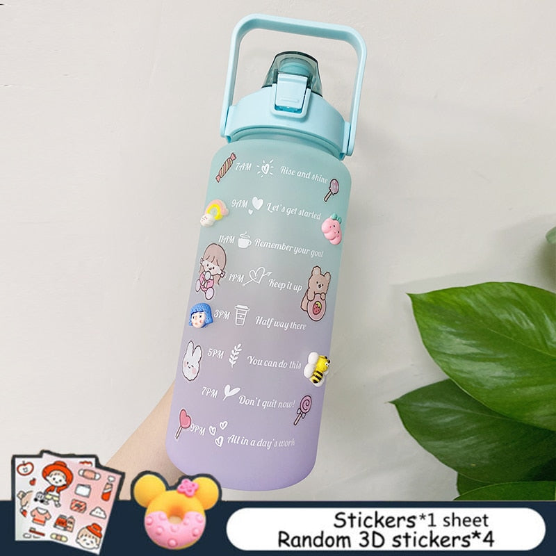 2L Large Capacity Water Bottle With Bounce Cover Time Scale Reminder Frosted Cup With Cute Stickers For Outdoor Sports Fitness