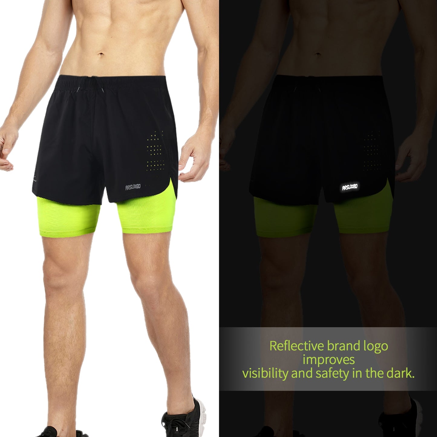 ARSUXEO Men's Running Shorts Outdoor Sports Training Exercise Jogging Gym Fitness 2 in 1 Shorts with Longer Liner Quick dry B179