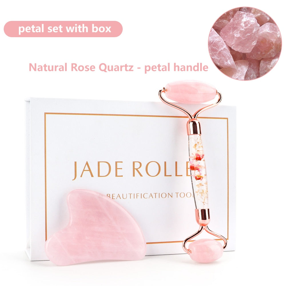 Natural Rose Quartz Jade Roller Gua Sha Set Facial Body Massager Roller Jade Stone Massage Set Face Lifting Beauty Massage Tools