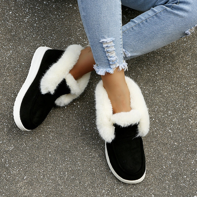 New Ladies Slip on Comfortable Ankle Boots Women Winter Warm Plush Fur Snow Boots Suede Shoes Female Footwear Botas Femininas